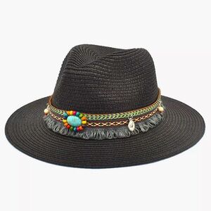 New Western Straw Beaded Floral Embroidered Festival Cowboy Hat Tassels Leather